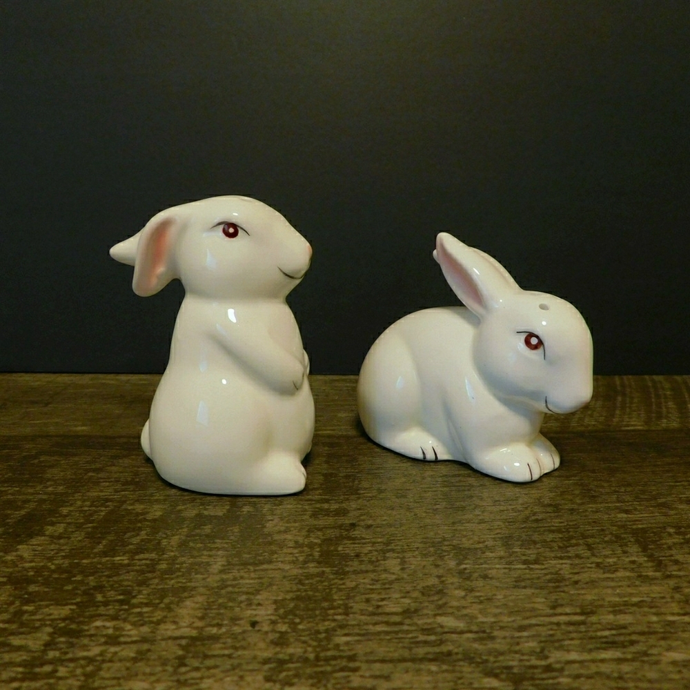 Pier 1 White Ceramic Bunny Pair Salt Pepper Shakers
